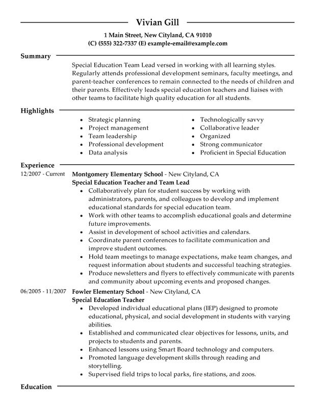 Special Education Teacher Resume Example