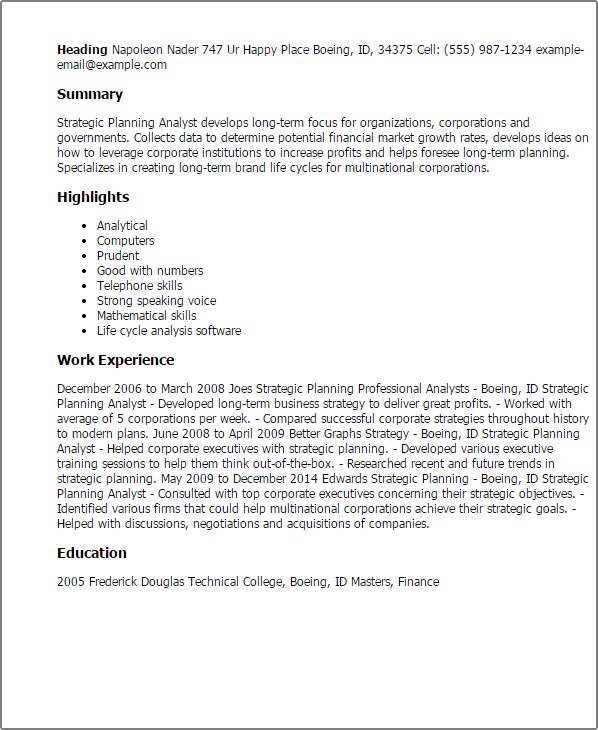 Strategic Planning Analyst Resume Example
