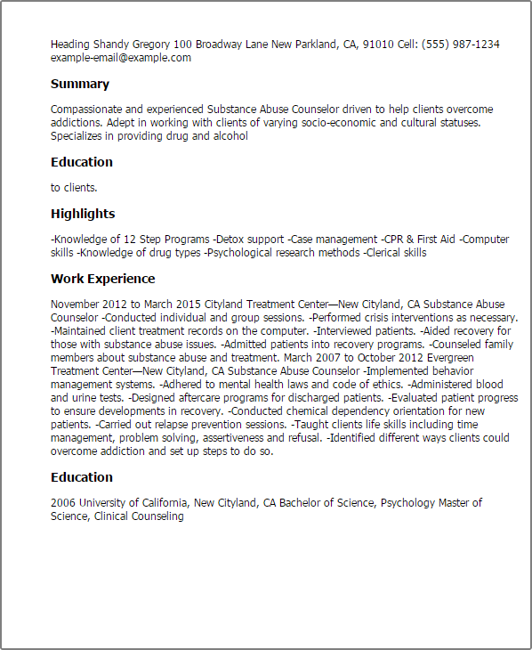substance abuse counselor resume example