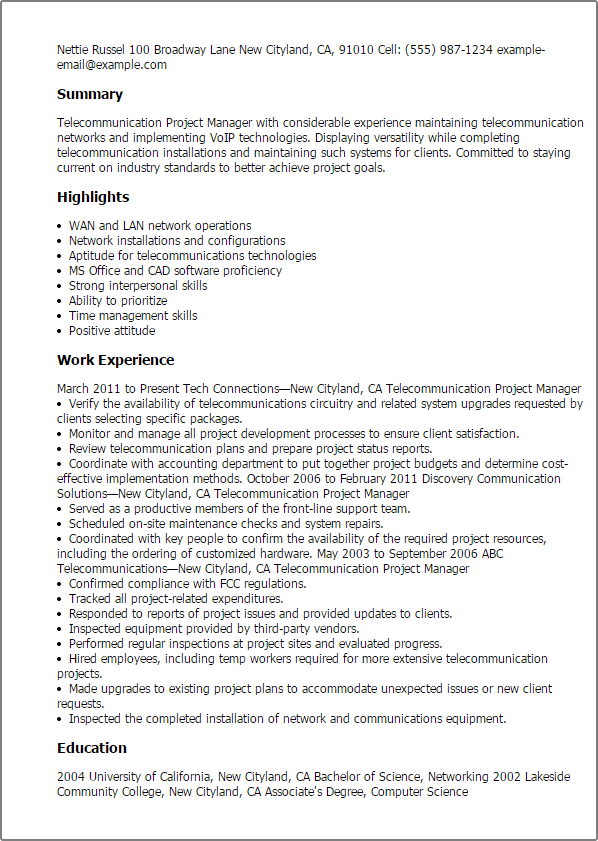 Telecommunication Project Manager Resume Format