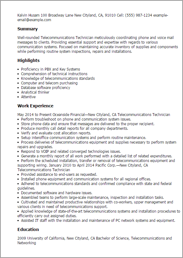 sample resume telecommunications technician