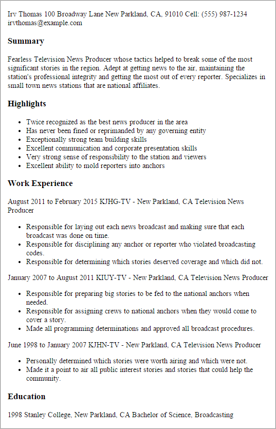 Television News Producer Resume Example