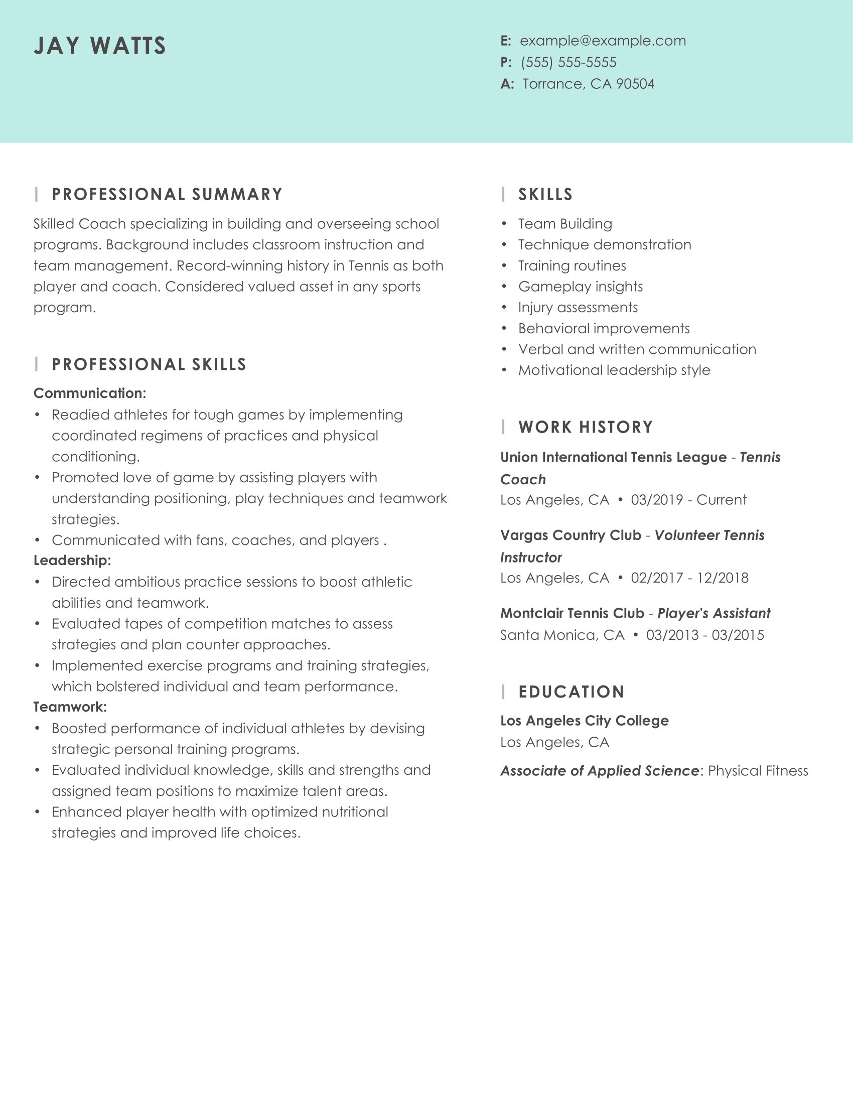 Winning Tennis Coach Resume Example | MyPerfectResume