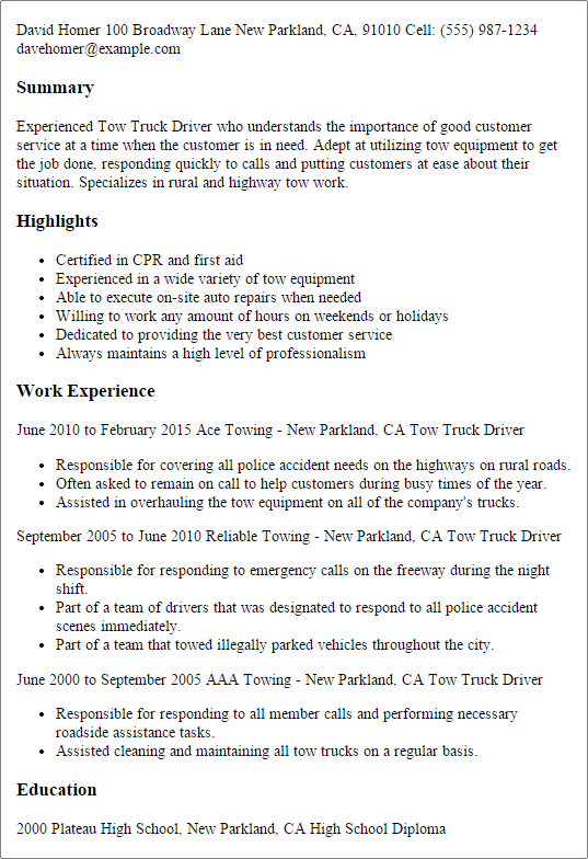 Tow Truck Driver Resume Example