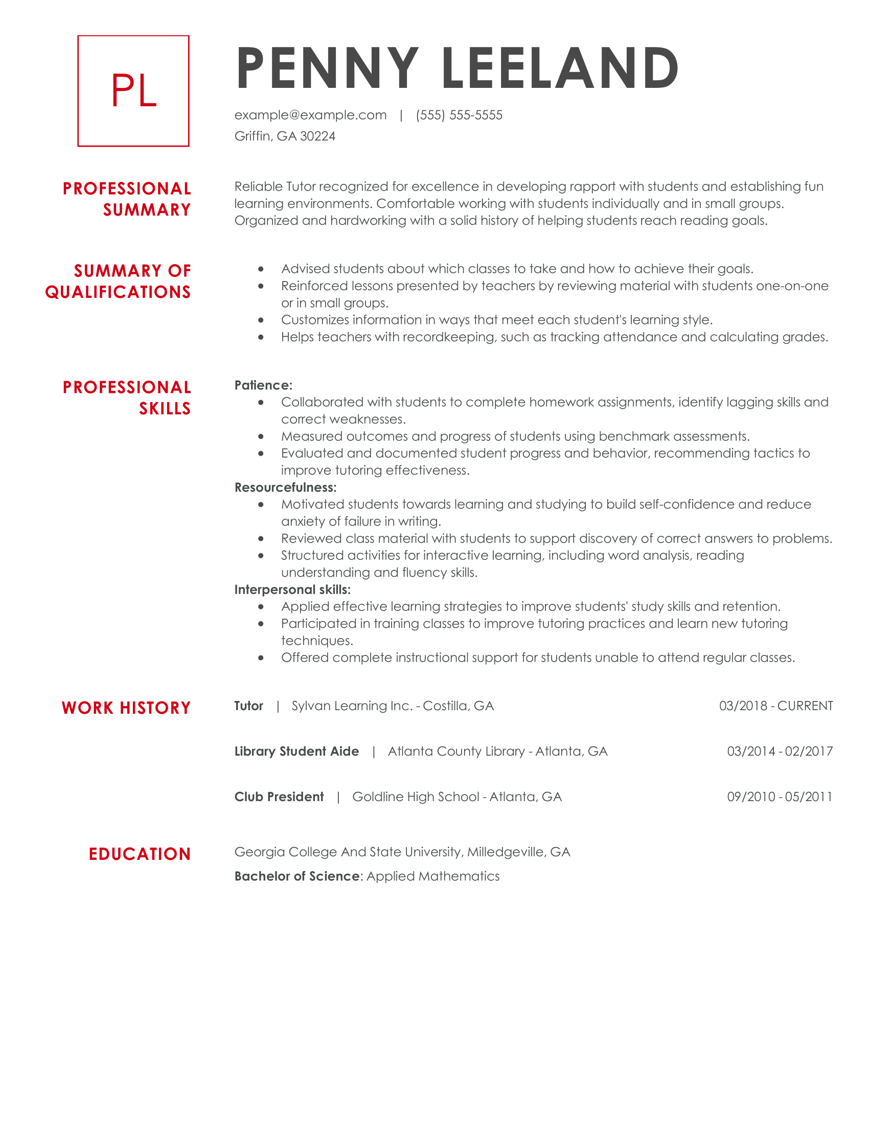 resume sample for tutoring job