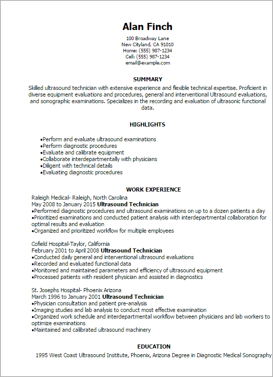 sample resume ultrasound technician