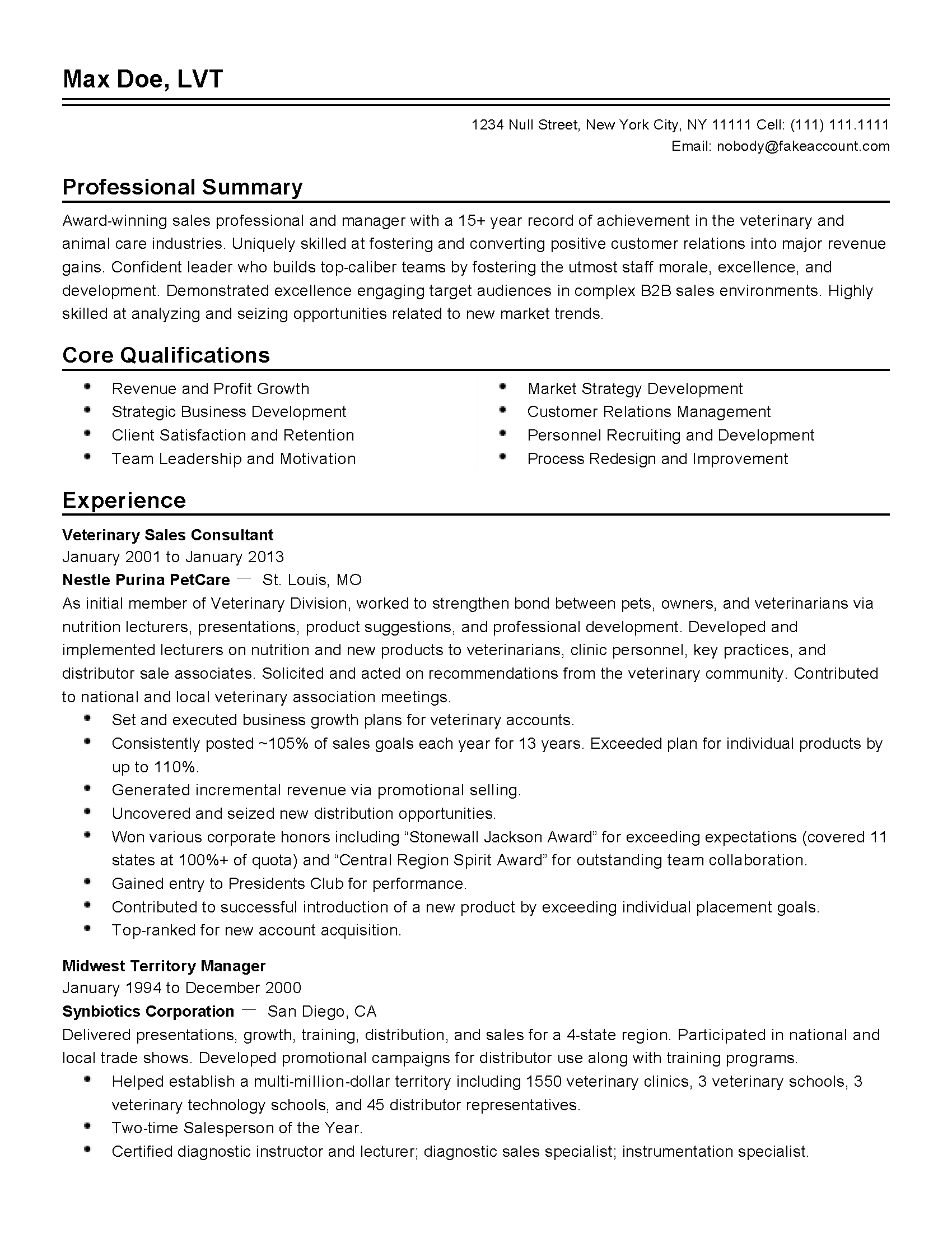 Veterinary Sales Manager Resume Template