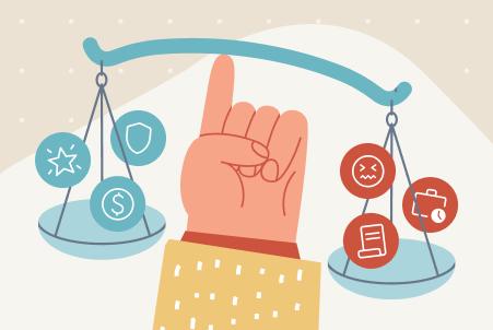 An illustration showing a hand balancing a scale, symbolizing the question of whether corporations are good or evil. On the left are blue circles with star, shield, and dollar sign icons. On the right are red circles with icons of a stressed face, document, and briefcase with a clock.