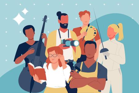 An illustration of six diverse people representing creative and skilled pursuits: a cellist, photographer, painter, reader, craftsperson, and fencer