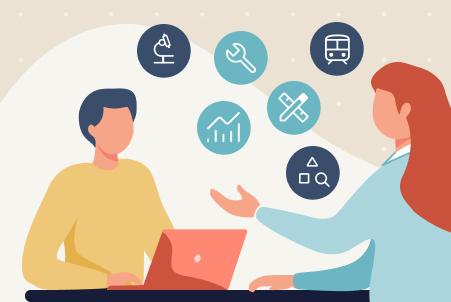 An illustration of two people in a meeting, surrounded by floating icons that represent diverse essential resume skills