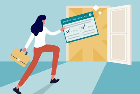An illustration of a worker holding a briefcase and a large COVID-19 vaccination card, walking towards an open door symbolizing employment opportunities