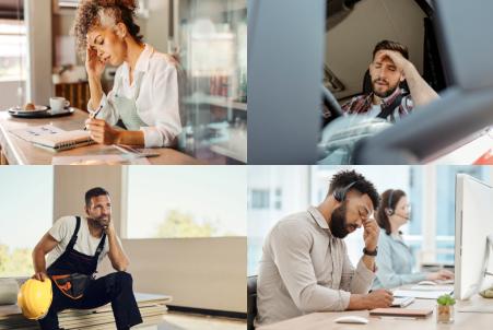 A collage of four photos showing stressed or unhappy workers in different roles: a restaurant waitress, a truck driver, a construction worker, and a call center agent