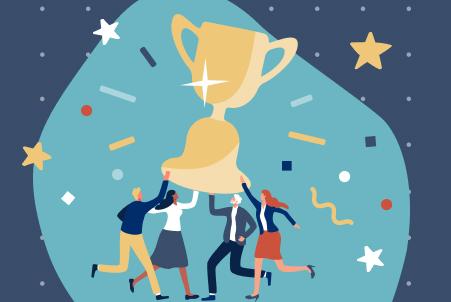 An illustration of four diverse team members working together to lift a giant golden trophy, symbolizing collective success, surrounded by celebratory stars and confetti