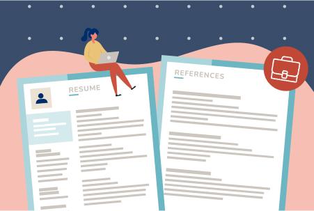 Illustrated graphic showing an image of a resume alongside an image of a list of references, with an icon of a briefcase and an icon of a person sitting while using a laptop