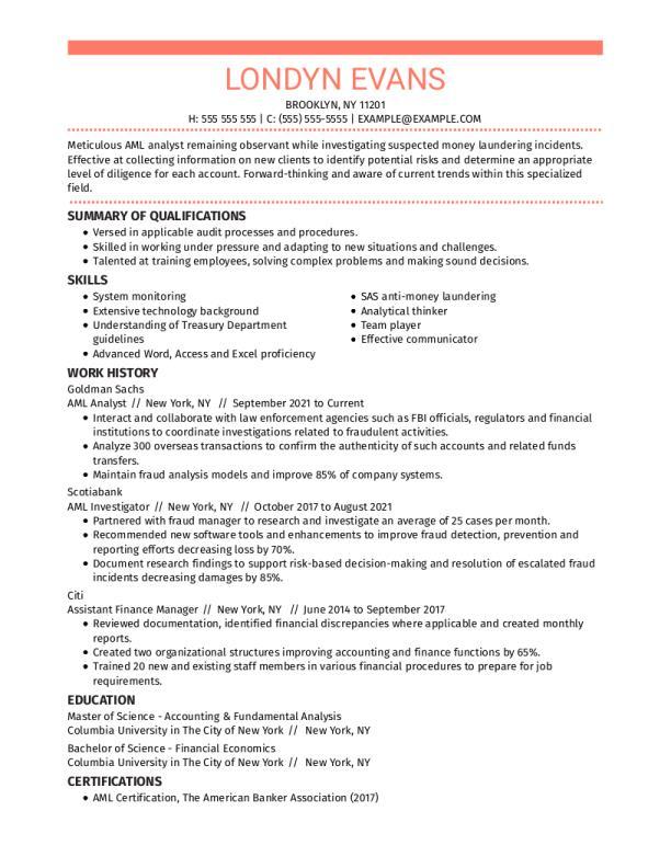 Aml Analyst Resume Example