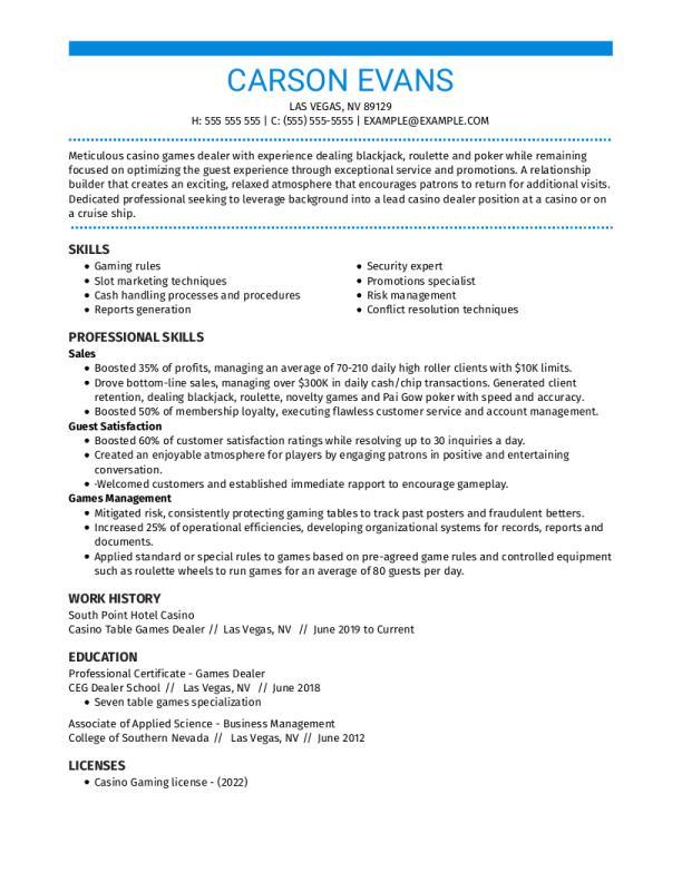 Casino Games Dealer Resume Example