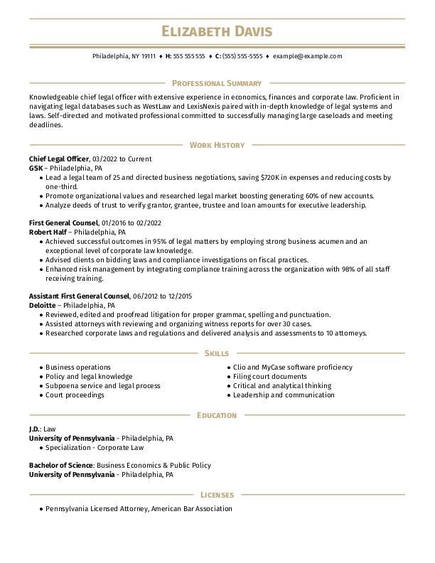 Chief Legal Officer Resume Example