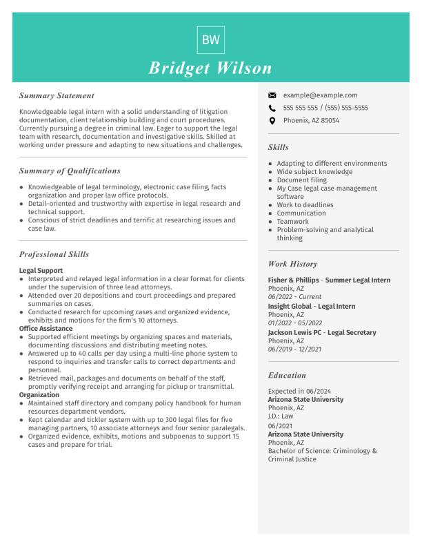 Legal Intern Resume Example