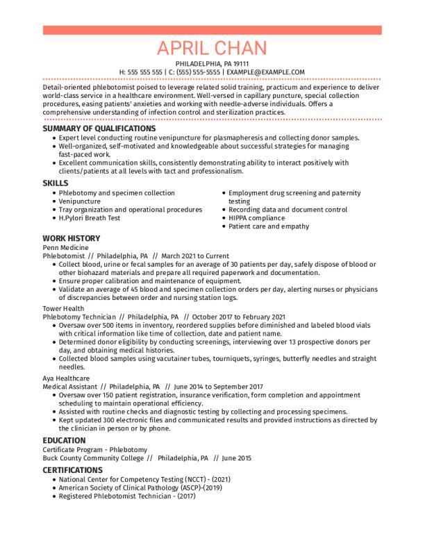 Phlebotomist Resume Example