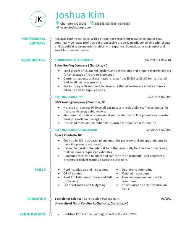 1 Roofing Estimator Resume Example Try Them Now MyPerfectResume