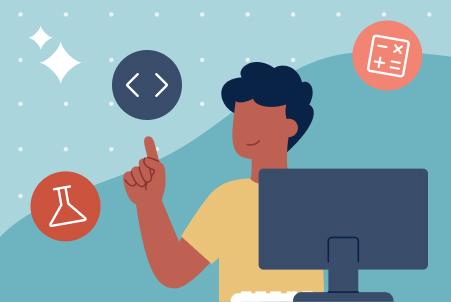 An illustration of a person at a computer, surrounded by icons representing hard skills like coding, math, and science