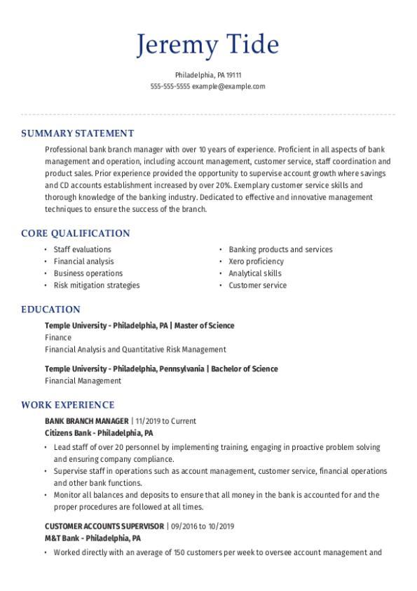 Bank Branch Manager CV Template 