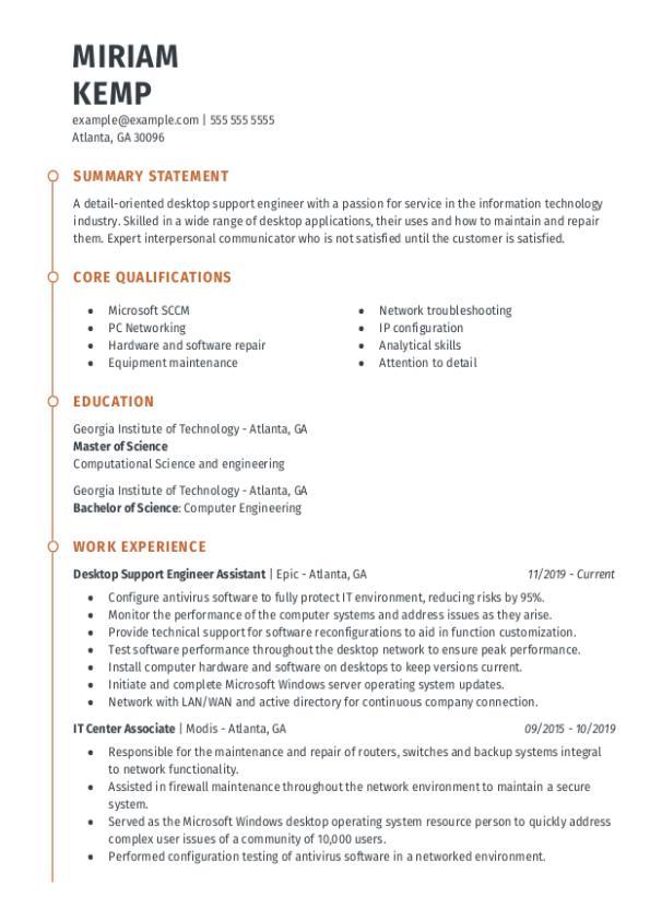 resume for desktop support engineer