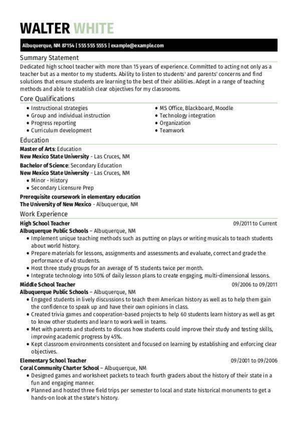 High School Teacher Resume Examples 2024 Stace Elizabet