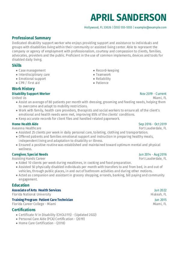 sample resume for disability support worker