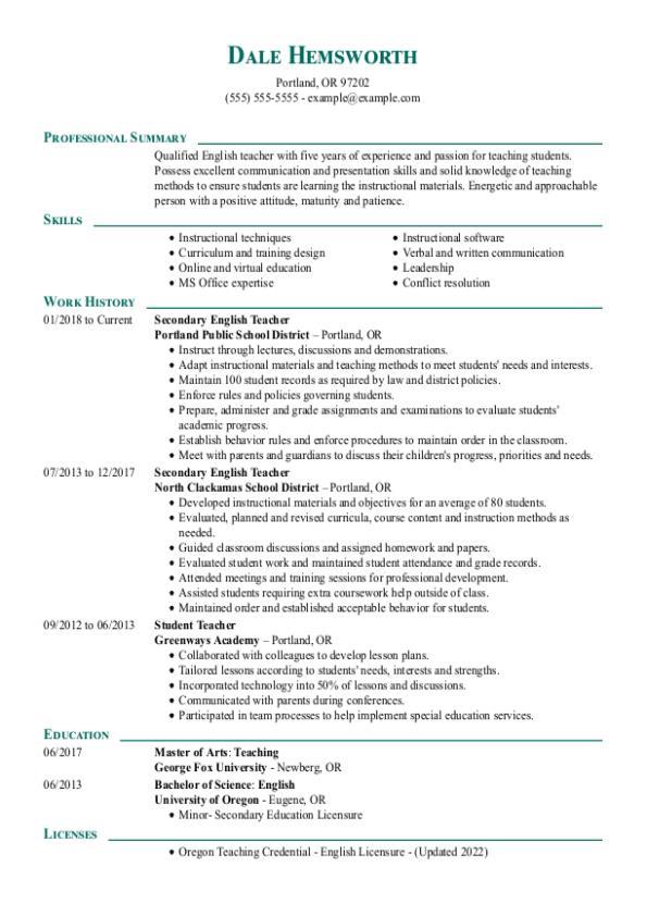 english teacher resume writing