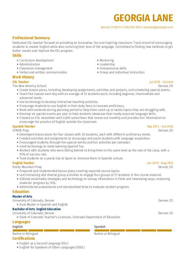 Esl Teacher Resume Template