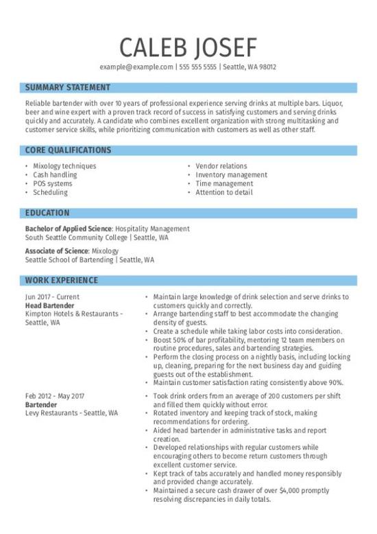 Head Bartender Resume Template