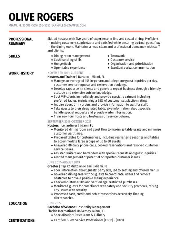 Hostess Resume Template