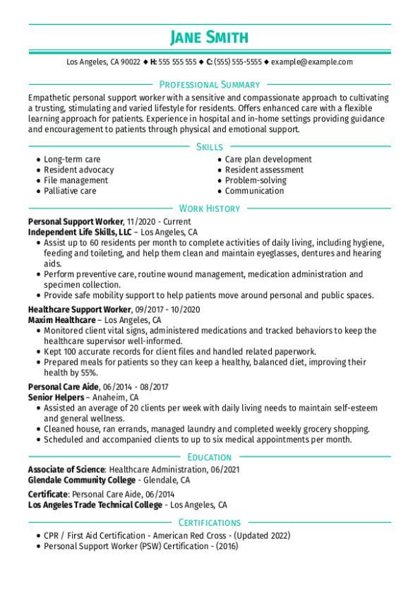 resume to apply for personal support worker