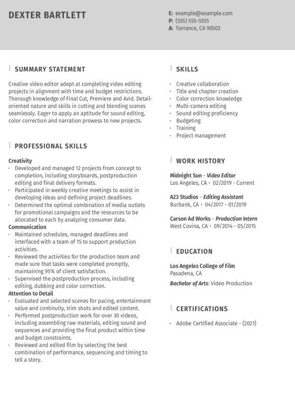 Video Editor Resume Template