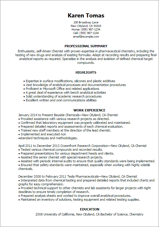 chemist resume example