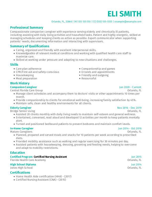 Companion Caregiver Resume Template