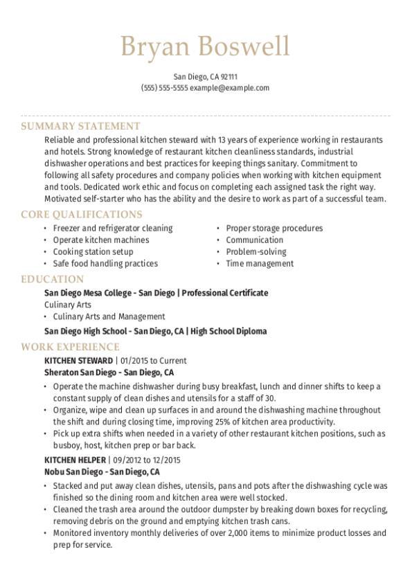 Kitchen Steward CV Template