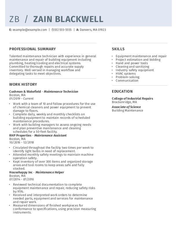 Maintenance Technician Resume Template