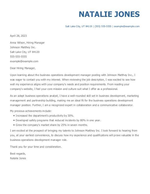 Business Operations Development Manager Cover Letter Example