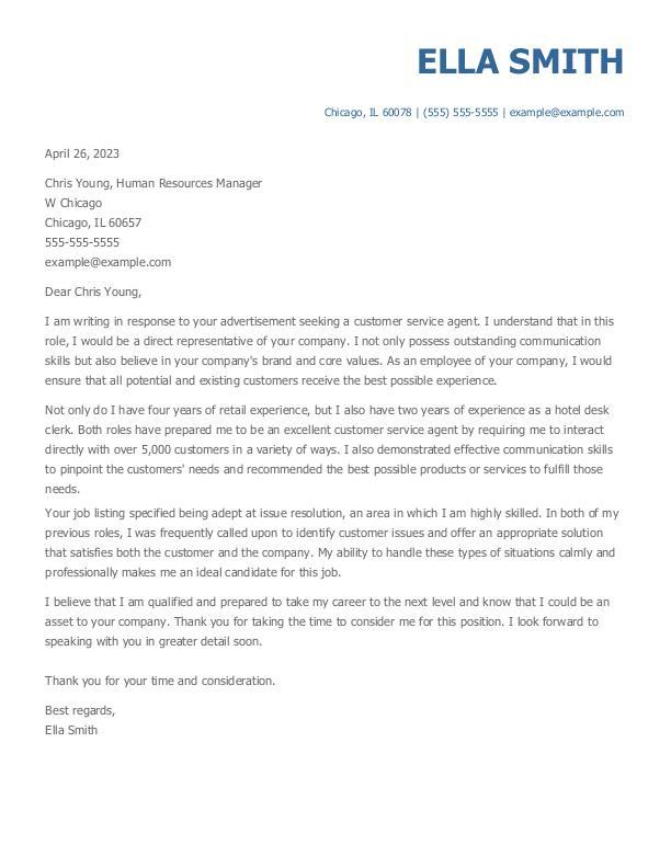 Customer Service Agent Cover Letter Example
