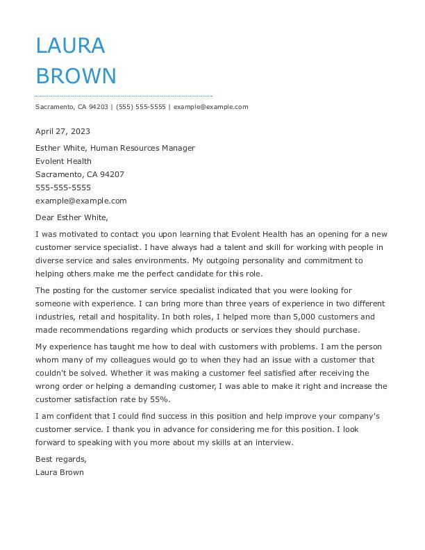 Customer Service Specialist Cover Letter Example