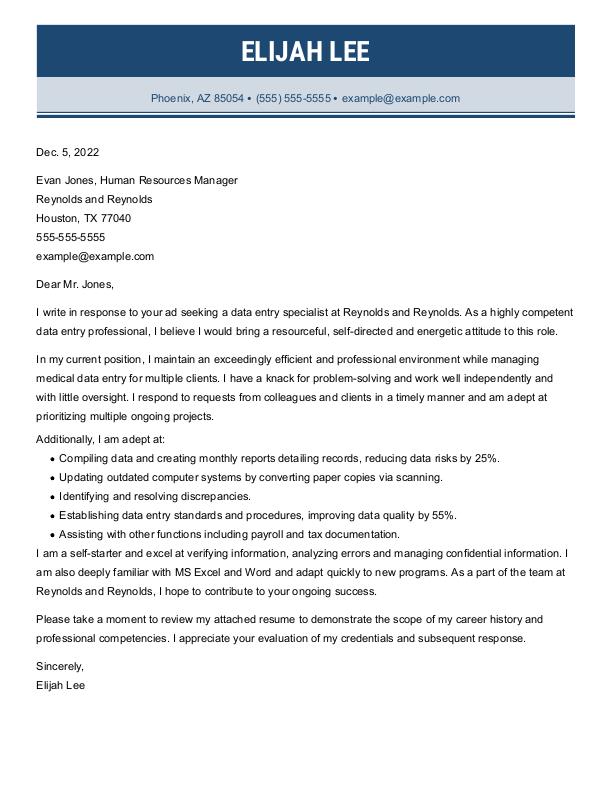 Data Entry Specialist Cover Letter + Tips & Examples