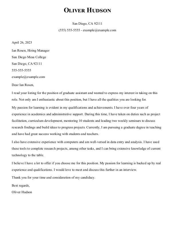 Graduate Assistant Cover Letter Example