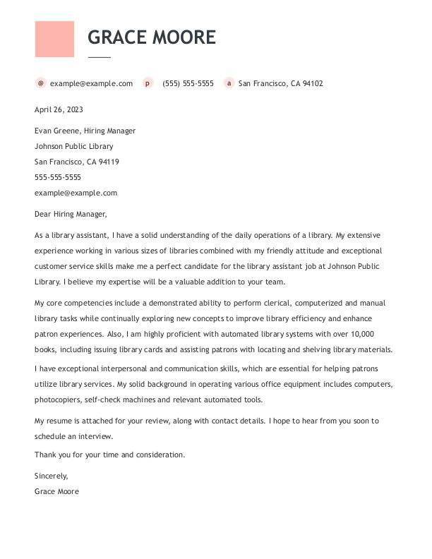 cover letter for library assistant student