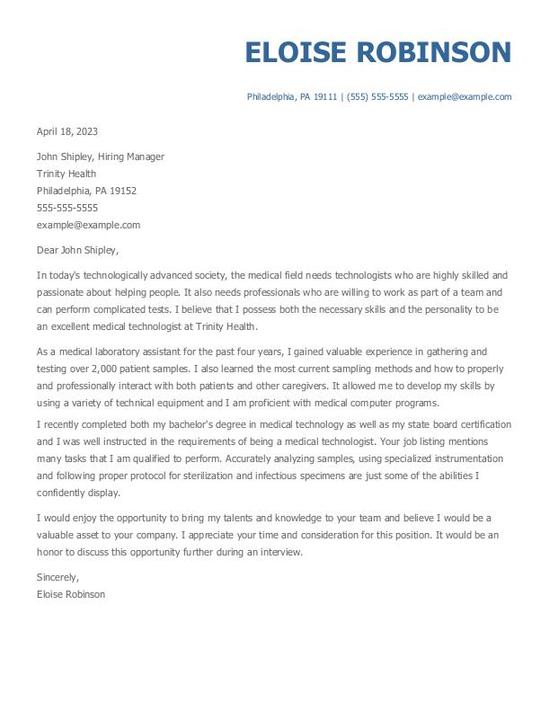 Medical Technologyst Cover Letter Example