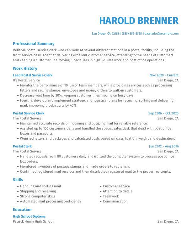 Postal Service Clerk Resume Template