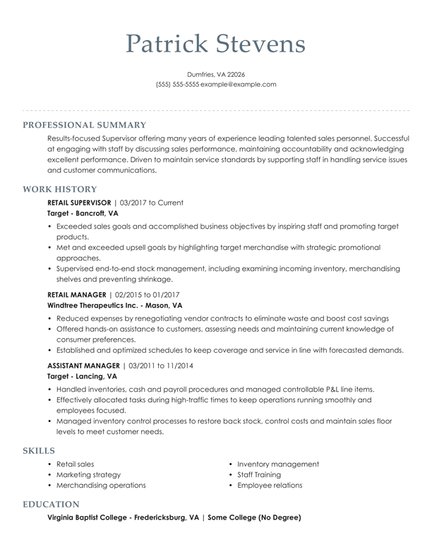 Experienced Retail Manager Chronological Resume Example