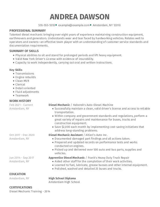 Diesel Mechanic Resume Template