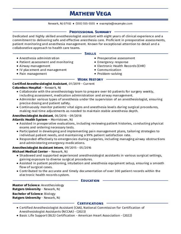 Anesthesiologist Assistant Resume Example & Templates [2024]
